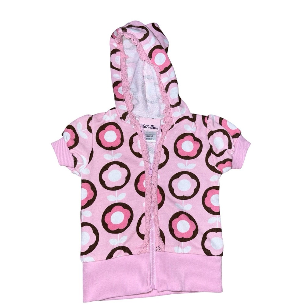 Little Lass 2009 Short Sleeve Full Zip Pink/ Brown/ White Size 12 Months